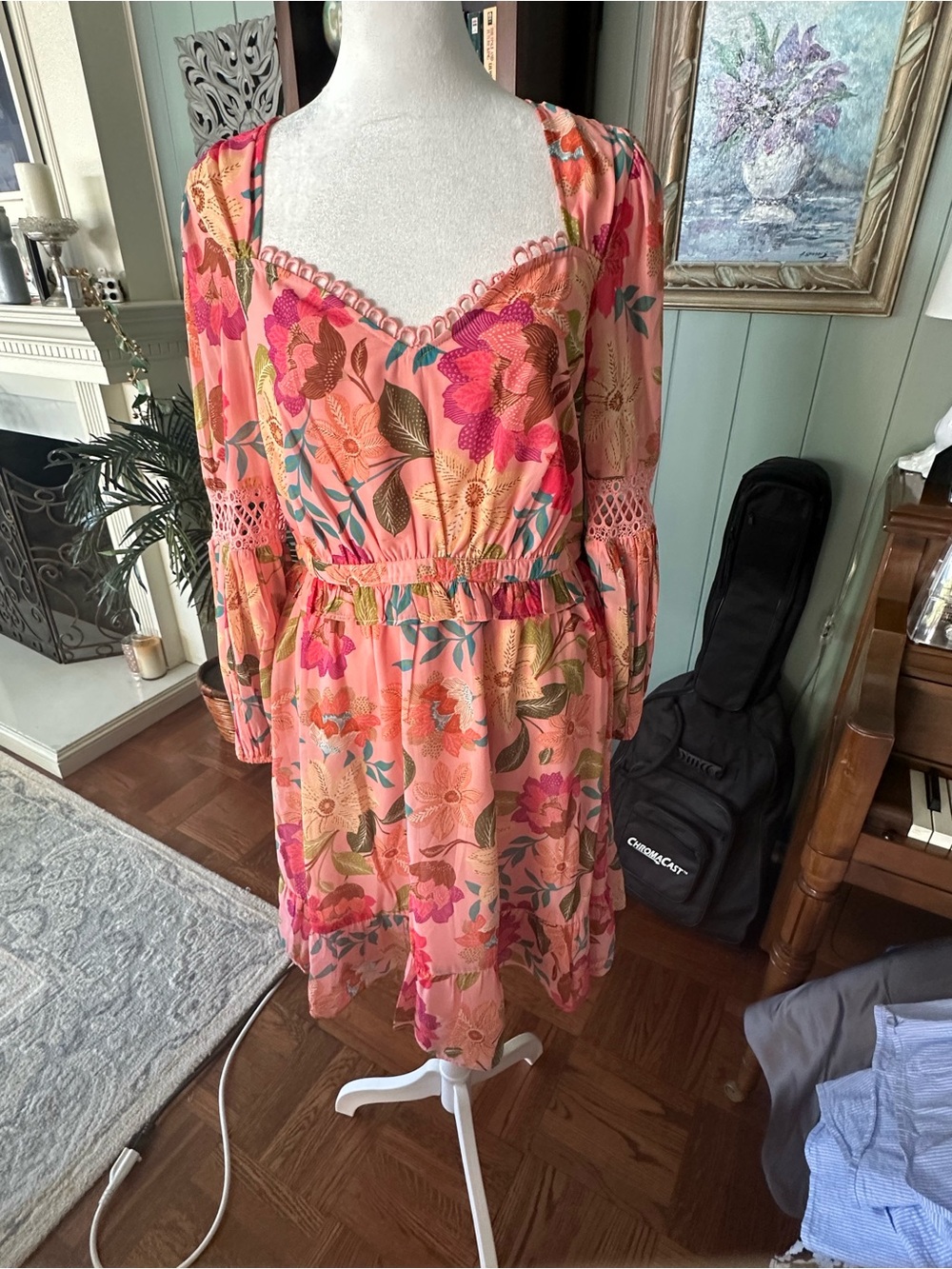 Vince Camuto Peach Pink Floral Long-Sleeve Midi Dress NWT Sz 6